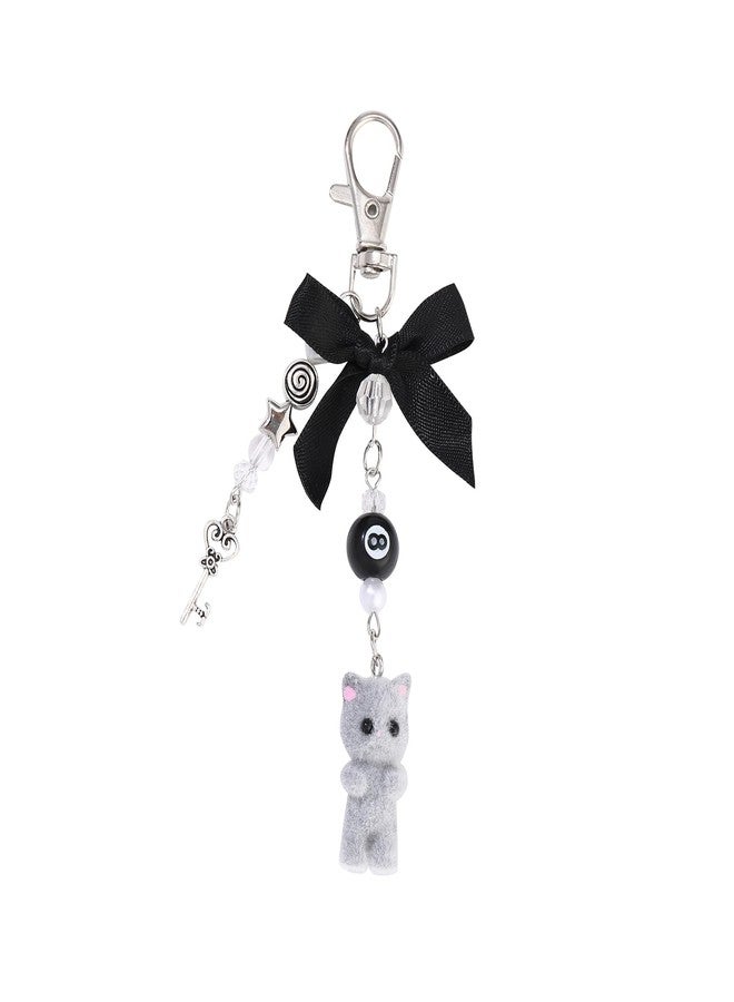 Thalireth Y2k Cute Bow Kitty Keychains Fuzzy Cat Bag Charms Kawaii Aesthetic Heart Key Pendant For Tote Bags Backpack Purse (Grey) - Image 1